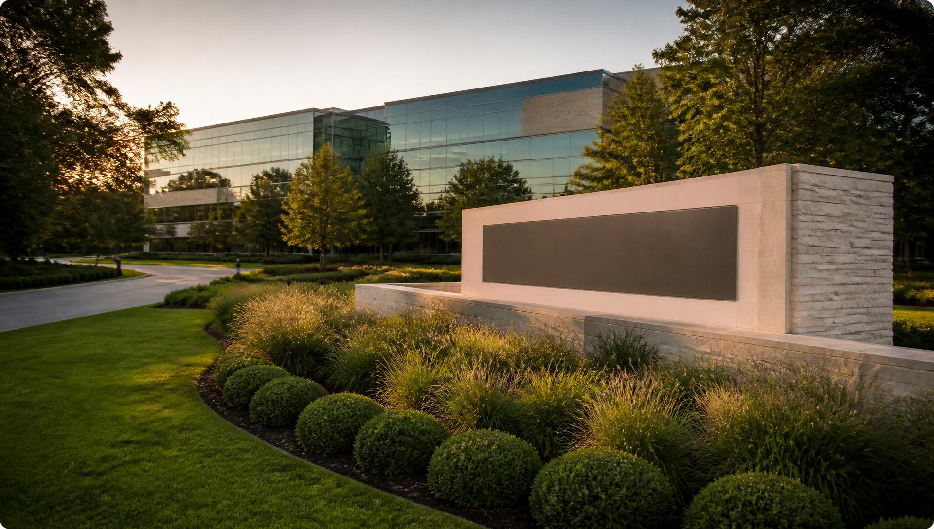 Class A corporate office park with manicured commercial landscaping at golden hour